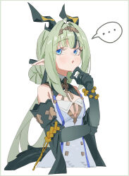  ... 1girl absurdres arknights arknights:_endfield bare_shoulders blue_eyes blush breasts commentary_request cropped_torso detached_sleeves dragon_girl dragon_horns dragon_tail eastern_dragon_horns green_hair green_hands green_horns green_sleeves highres horns long_hair looking_to_the_side lupinu5 multicolored_horns open_mouth si_(arknights) simple_background small_breasts solo speech_bubble tail thinking thought_bubble two-tone_horns white_background yellow_horns 