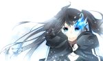  bad_id black_hair black_rock_shooter black_rock_shooter_(character) blue_eyes glowing glowing_eyes long_hair simple_background solo symbol-shaped_pupils tatsumi3 twintails 
