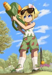  1boy alt_text basil_(faraway)_(omori) basil_(omori) blonde_hair blue_eyes elecmaw flower grass hair_flower hair_ornament highres omori shorts sky sunflower sunglasses 