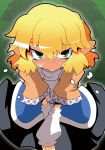  2215 arm_warmers blonde_hair blush brown_shirt chibi fang mizuhashi_parsee open_mouth pink_sash pointy_ears scarf solo tears touhou v_arms 