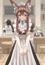  1other 2girls absurdres alternate_costume amiya_(arknights) animal_ear_fluff animal_ears apron arknights ascot black_dress blue_eyes blue_gem book bookshelf brown_hair cafe chinese_commentary closed_mouth commentary_request counter cup de-lease doctor_(arknights) dress english_commentary enmaided frills gem hair_between_eyes highres indoors kal'tsit_(arknights) long_hair long_sidelocks maid maid_apron maid_headdress mixed-language_commentary multiple_girls own_hands_together partial_commentary short_sleeves sidelocks smile solo_focus split_mouth standing stool teacup v_arms white_apron white_ascot wrist_cuffs 