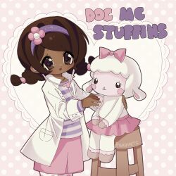  2girls absurdres animal_ears animification artist_name bow braid brown_eyes brown_hair chair checking_pulse copyright_name cowboy_shot dark-skinned_female dark_skin doc_mcstuffins dottie_mcstuffins flower_hairband furry furry_female hair_bow hairband highres holding holding_stethoscope lab_coat lambie_(doc_mcstuffins) multiple_girls on_chair open_mouth pink_bow pink_skirt polka_dot polka_dot_background pukapukavec purple_hairband sheep_ears sheep_girl shirt skirt stethoscope striped_clothes striped_shirt tutu twin_braids white_fur 