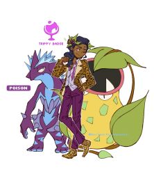  ;) animal_print black_hair blush closed_mouth dionysus_(hades) eriochromatic full_body hades_(series) hades_1 hand_on_own_hip highres holding holding_poke_ball leopard_print long_hair necktie one_eye_closed open_clothes open_shirt pants poke_ball poke_ball_(basic) pokemon pokemon_(creature) print_shirt purple_necktie purple_pants shirt simple_background smile sparse_stubble toxtricity twitter_username undone_necktie victreebel white_background 