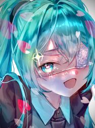  1girl :d aqua_eyes aqua_hair aqua_shirt black_jacket black_necktie blue_eyes blush close-up commentary double-parted_bangs eye_focus eyelashes eyepatch gradient_background hair_between_eyes hair_intakes hair_ornament hatsune_miku heart heart_in_eye highres jacket kayan_n long_sleeves medical_eyepatch monitoring_(vocaloid) necktie open_mouth radial_gradient_background raised_inner_eyebrows school_uniform shirt sidelocks simple_background smile solo sparkle symbol_in_eye twintails vocaloid white_background wing_collar 