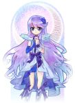  asymmetrical_clothes asymmetrical_clothing blue_eyes blue_rose boots bow character_name choker cure_moonlight dress flower gloves hands_clasped heartcatch_precure! highres long_hair magical_girl payot precure purple_hair ribbon rose single_elbow_glove single_glove smile solo tsukikage_yuri u_to_i wrist_cuffs 