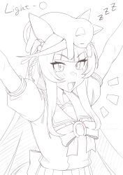  1girl absurdres animal_ears animal_on_head arms_up black_hair blunt_bangs bow bowtie breasts calstone_light_o_(umamusume) cat cat_on_head commentary_request ear_covers highres hime_cut hitempo horse_ears horse_girl horse_tail monochrome on_head open_mouth pleated_skirt puffy_short_sleeves puffy_sleeves sailor_collar sailor_shirt school_uniform shirt short_sleeves skirt smile tail tracen_school_uniform umamusume upper_body zzz 