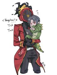  1boy 1other belt black_pants black_shirt carrying carrying_person clock coat commentary_request cowboy_shot dante_(limbus_company) dinosaur_costume fire flying_sweatdrops gold_trim grey_hair highres lapels limbus_company nanahara191 notched_lapels object_head pants pointing pointing_at_viewer project_moon red_coat red_eyes shirt simple_background vergilius_(project_moon) white_background white_belt 