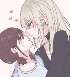  2girls black_choker black_sweater blue_eyes blush brown_hair choker closed_mouth commentary earclip eye_contact girls_band_cry grey_background grey_eyes grey_hair heart highres iseri_nina kawaragi_momoka long_hair looking_at_another multicolored_hair multiple_girls open_mouth profile roots_(hair) shirt short_twintails simple_background sweater twintails white_shirt whwhgl yuri 