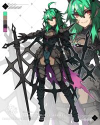  1girl absurdres ahoge armor artist_logo artist_name black_armor black_gloves black_horns cleavage_cutout clothing_cutout color_guide commentary_request commission couter cross cross_scar cuirass cuisses fang fang_out full_body gloves greatsword greaves green_hair grey_background grid_background hair_intakes hand_on_hilt highres horns kashia legs_apart logo long_hair looking_at_viewer multicolored_hair original pauldrons pink_streaks planted planted_sword pointy_ears poleyn red_eyes sabaton scar scar_on_cheek scar_on_face shoulder_armor sidelocks skeb_commission small_horns smile solo spiked_horns spiked_pauldrons spikes standing streaked_hair sword tassets thigh_cutout tsurime twitter_username two-handed_sword two-tone_hair v-shaped_eyebrows vambraces watermark weapon zoom_layer 