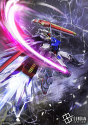  aile_strike_gundam blurry commentary_request energy_sword flying full_body glowing glowing_eyes gundam gundam_card_game gundam_seed hayaken_sarena mecha mobile_suit official_art robot seed sign signature sky strike_gundam sunrise sword thunder weapon yellow_eyes 