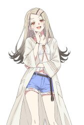 1girl 3walktoriatama blonde_hair blush camisole coat commentary_request denim denim_shorts finger_to_cheek flat_chest gakuen_idolmaster highres idolmaster long_hair navel open_clothes open_coat open_mouth orange_eyes shinosawa_hiro shorts smile solo thinking translation_request 