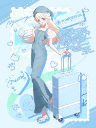  1girl :d artist_name blonde_hair blue_bow blue_eyes blue_hat blue_jumpsuit blue_shoes bow character_name copyright_name earrings footwear_bow full_body hand_in_own_hair hat highres holding holding_suitcase jewelry jumpsuit long_hair looking_at_viewer necklace nekoyashiki_yuki pearl_earrings pearl_necklace precure puffy_short_sleeves puffy_sleeves rolling_suitcase see-through_clothes see-through_sleeves serizawa_serizane shoes short_sleeves smile solo standing suitcase watermark white_sleeves wonderful_precure! 