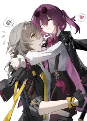  2girls ^_^ absurdres aged_down black-framed_eyewear black_gloves black_jacket black_shorts black_thighhighs bow bowtie breasts carrying carrying_person clenched_hand closed_eyes closed_mouth collared_shirt commentary english_commentary eyewear_on_head fingernails floating_clothes flying_sweatdrops from_side gloves grey_hair hair_between_eyes hand_on_another's_head heart high_ponytail highres honkai:_star_rail honkai_(series) hug jacket kafka_(honkai:_star_rail) kafka_(little_cat)_(honkai:_star_rail) lapels long_hair long_sleeves looking_at_another medium_breasts multiple_girls official_alternate_costume open_clothes open_jacket open_mouth ponytail puffy_long_sleeves puffy_sleeves purple_bow purple_bowtie purple_hair purple_jacket purple_ribbon ribbon round_eyewear shirt shorts sidelocks simple_background smile speech_bubble spider_web_print spoken_heart spoken_squiggle squiggle stelle_(honkai:_star_rail) sunglasses suspender_shorts suspenders t-shirt thigh-highs trailblazer_(honkai:_star_rail) two-sided_fabric two-sided_jacket white_background white_shirt xianyuqihaouki yellow_eyes yuri 
