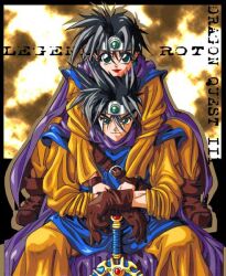  1990s_(style) 1boy 1girl bad_link black_background black_hair blue_tunic boots brown_boots brown_gloves cape clouds cloudy_sky commentary dated dragon_quest dragon_quest_iii earrings english_text gem gloves green_eyes green_gem headband hero_(dq3) heroine_(dq3) holding holding_sword holding_weapon hug hug_from_behind jewelry looking_at_viewer maya_anderson people purple_cape red_lips retro_artstyle roto_(dq3) sitting sky smile smirk sphere_earrings spiky_hair sword sword_hilt tiara tunic vertical_text weapon yellow_culottes yellow_sleeves 