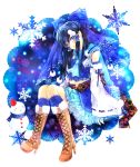  :&lt; adapted_costume alternate_color ascot bad_id black_hair blue blue_eyes blue_hair blush boots bow cross-laced_footwear detached_sleeves english hair_bow hair_ornament hair_tubes hairclip hakurei_reimu high_heels highres kneehighs kujaku_renka lace-up_boots long_hair midriff miko navel obi perfect_cherry_blossom scarf shoes sitting skirt snowflakes snowman solo touhou 