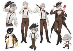  1boy adjusting_clothes alternate_costume arm_behind_back arm_up badge baseball_bat between_fingers black_gloves black_hat black_jacket black_pantyhose black_shoes bow bowtie brown_hat brown_jacket brown_pants brown_shorts brown_vest buttons caelus_(honkai:_star_rail) card chibi chibi_inset closed_mouth collarbone collared_shirt commentary_request covered_eyes facing_viewer fingerless_gloves formal_clothes full_body gloves grey_hair hair_between_eyes hand_on_headwear hand_up hands_on_own_hips hands_up hat hat_feather hat_ornament hidakarumen holding holding_baseball_bat holding_card holding_unworn_clothes holding_unworn_hat honkai:_star_rail honkai_(series) hood hooded_jacket jacket lapels long_sleeves looking_at_viewer looking_down looking_up male_focus multiple_views one_eye_closed open_clothes open_jacket open_mouth pants pantyhose playing_card puffy_long_sleeves puffy_sleeves red_bow red_bowtie shirt shoes short_hair shorts simple_background smile standing suit suit_jacket suspender_shorts suspenders t-shirt tassel teeth trailblazer's_hat_(honkai:_star_rail) trailblazer_(honkai:_star_rail) two-sided_fabric two-sided_jacket unworn_hat unworn_headwear upper_body vest walking white_background white_gloves white_shirt yellow_eyes yellow_jacket |_| 