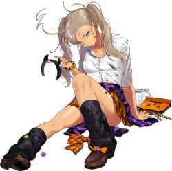  ahoge animal_print badge bag bat_print black_socks bow bowtie brown_hair brown_shoes burnt_clothes cat_tail clothes_around_waist dark-skinned_female dark_skin demon_horns fake_horns full_body green_eyes grin gyaru hairband heart holding_hairband horns jacket jacket_around_waist kantai_collection kashi_(halloween)_(kancolle) kashi_(kancolle) loafers long_hair loose_socks official_alternate_costume official_art one_eye_closed orange_bow orange_bowtie orange_skirt paw_print plaid_bow plaid_bowtie plaid_clothes pleated_skirt print_jacket purple_jacket school_uniform shoes shopping_bag sitting skirt smile socks sticker sticker_on_face tail twintails umihara_sakana unworn_bowtie unworn_hairband 
