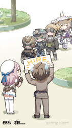  1boy 5girls ;) anniversary beret brown_eyes brown_gloves brown_hair brown_jacket brown_pants character_request closed_mouth commander_(nikke) copyright_name gloves goddess_of_victory:_nikke grass green_eyes grey_hair gun hat helmet highres holding holding_gun holding_sign holding_weapon jacket kneepits long_sleeves military military_uniform multiple_girls neon_(nikke) official_art one_eye_closed pants ponytail product_08_(nikke) product_23_(nikke) purple_hair rifle semi-rimless_eyewear shirt short_hair sign skirt smile sniper_rifle soldier_fa_(nikke) standing sweatdrop thigh-highs tree weapon white_shirt white_skirt white_thighhighs 