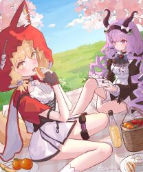  2girls absurdres animal_ear_fluff animal_ears apple apple_slice arknights arknights:_endfield blonde_hair blue_sky blush book bottle bow bucket cake cake_slice closed_mouth clouds cloudy_sky commentary_request day dress eating endministrator_(arknights) feet_out_of_frame food fruit grass highres holding holding_book holding_food hood hood_up ice_orange_lovegg legs long_hair long_sleeves looking_at_viewer looking_to_the_side medium_hair multiple_girls outdoors plate purple_hair red_hood rossi_(arknights) short_sleeves sitting sky tree typhoeus_(arknights) typhon_(arknights) violet_eyes white_bow white_dress wooden_bucket yellow_eyes 