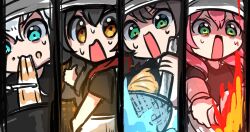  4girls black_hair black_shirt blue_eyes commentary cookie eating fire food green_eyes highres hololive kumarang multiple_girls noodles ookami_mio oozora_subaru open_mouth pink_hair ramen red_hair sakura_miko shirakami_fubuki shirt untranslatable_commentary white_hair 