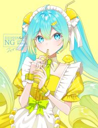  1girl ahoge alternate_costume apron blonde_hair blue_eyes blue_hair bow buttons collared_dress commentary_request creature creature_on_shoulder cup dangle_earrings dress drinking drinking_glass drinking_straw drinking_straw_hair_ornament drinking_straw_in_mouth earrings food food-themed_hair_ornament frilled_apron frilled_dress frilled_wrist_cuffs frills fruit glass gradient_hair green_bow green_necktie green_ribbon hair_between_eyes hair_intakes hair_ornament hair_ribbon hairclip hatsune_miku headdress highres holding holding_cup holding_drinking_straw jewelry juliet_sleeves lemon lemon_hair_ornament lemonade long_hair long_sleeves looking_at_viewer maid maid_apron maid_headdress masumofu multicolored_hair necktie on_shoulder puffy_sleeves ribbon short_necktie short_sleeves sidelocks signature simple_background striped_clothes striped_sleeves striped_wrist_cuffs twintails upper_body very_long_hair vocaloid white_apron white_headdress white_ribbon wrist_cuffs yellow_background yellow_dress yellow_nails yellow_ribbon yellow_wrist_cuffs 