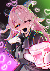  +_- 1girl absurdres bell black_bow black_eyes black_horns black_mouth black_saliva black_shirt blush bow breasts commentary_request cross cross_print cup femme_soule gloves green_background grey_shirt hair_intakes heart highres holding holding_cup horns inverted_cross inverted_cross_print large_breasts long_hair long_sleeves looking_at_viewer multicolored_hair open_mouth pink_background pink_eyes pink_hair pink_lips pukey_goddess_shot_trick saliva shirt smile solo streaked_hair tachi_(bokarokazoku) teeth white_gloves 