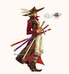  1boy artist_name belt_boots black_boots black_coat black_hat boots coat cosplay cross cross_necklace dracule_mihawk dracule_mihawk_(cosplay) eriochromatic from_side full_body green_hair hat hat_feather highres jewelry male_focus necklace one_piece open_clothes open_coat pants roronoa_zoro sideburns simple_background sword twitter_username weapon white_pants wide_brim 