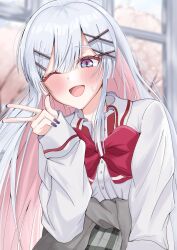  1girl amaori_renako amaori_renako_(cosplay) blurry blurry_background blush bow bowtie cardigan cardigan_around_waist clothes_around_waist colored_inner_hair commentary_request cosplay dress_shirt grey_cardigan hair_ornament hairclip highres long_hair long_sleeves multicolored_hair multiple_hairclips nail_polish one_eye_closed open_mouth pink_hair purple_nails red_bow red_bowtie runami_yachiyo school_uniform shirt solo umiushi_(blue_starshine) violet_eyes watashi_ga_koibito_ni_nareru_wake_naijan_murimuri! white_hair white_shirt x_hair_ornament 