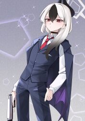  1girl alternate_costume black_choker black_hair black_horns blue_archive blue_skirt blue_suit blue_vest choker closed_mouth coralreef966 cowboy_shot ear_ornament from_below gradient_hair grey_background grey_halo gun h&amp;k_p30 halo handgun highres holding holding_weapon horns jacket jacket_on_shoulders kayoko_(blue_archive) long_hair looking_at_viewer multicolored_hair necktie pant_suit pants purple_wings red_eyes red_necktie shirt simple_background single_wing skirt solo standing suit suit_jacket suit_pants two-tone_hair vest weapon white_hair white_shirt wings 
