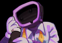  2boys ant_tenna black_background clothed_robot collared_shirt colored_lineart commentary crt crying deltarune english_commentary gloves green_pippins guided_hand_on_cheek guiding_hand hand_on_another's_arm hand_on_another's_hand hand_on_another's_head hands_up head_tilt highres humanoid_robot male_focus multiple_boys necktie object_head open_collar out_of_frame pippins_(deltarune) pov pov_hands radio_antenna robot sad samualcheese shirt simple_background small_mike_(deltarune) tears television undone_necktie upper_body utdr_(toby_fox) white_gloves white_shirt wing_collar yellow_necktie 
