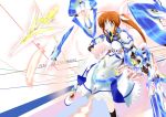  black_legwear blue_eyes boots brown_hair dress fingerless_gloves footwear fortress_(nanoha) gloves hair_ribbon long_hair lyrical_nanoha mahou_senki_lyrical_nanoha_force mahou_shoujo_lyrical_nanoha morito raising_heart ribbon side_ponytail socks strike_cannon takamachi_nanoha white_dress 