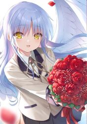  1girl :d angel_beats! angel_wings black_skirt blurry blush bouquet brown_suit collared_shirt cowboy_shot depth_of_field flower holding holding_bouquet holding_flower long_hair long_sleeves looking_at_viewer na-ga open_mouth petals red_flower red_rose rose school_uniform shirt skirt smile solo suit tachibana_kanade white_hair white_shirt wings yellow_eyes 
