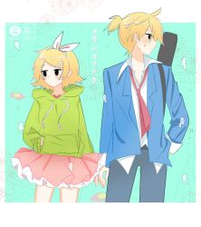  1boy 1girl ahoge averting_eyes black_pants blonde_hair blue_jacket blueberry_hedy blush border bow bow_hairband collared_shirt commentary_request cowboy_shot double-parted_bangs drawstring frilled_skirt frills green_background green_hoodie guitar_case hair_between_eyes hair_ornament hairband hairclip hand_in_own_hair hand_on_own_hip height_difference highres hood hood_down hoodie instrument_case instrument_case_on_back jacket kagamine_len kagamine_rin long_sleeves looking_to_the_side loose_necktie medium_hair melancholic_(vocaloid) miniskirt necktie outside_border pants parallel_hairclips parted_bangs pink_skirt ponytail red_necktie shirt short_ponytail sidelocks skirt standing sweat thighs translation_request vocaloid white_border white_bow white_hairband white_shirt 