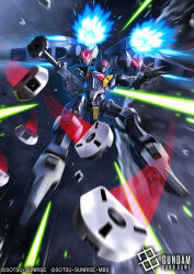 amasaki_yusuke beam_rifle blurry commentary_request energy_gun firing full_body funnels_(gundam) gundam gundam_card_game gundam_pharact gundam_suisei_no_majo mecha mobile_suit motion_blur official_art robot space sunrise thrusters weapon 