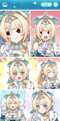  1girl aqua_eyes aqua_gem aqua_streaks blonde_hair closed_eyes closed_mouth commentary_request detached_sleeves facing_viewer finger_to_cheek gem genshin_impact gloves highres interlocked_fingers long_hair long_sleeves looking_at_viewer looking_to_the_side multicolored_hair multiple_views official_art open_mouth own_hands_clasped own_hands_together paw_pose pointy_ears single_bare_shoulder single_detached_sleeve smile streaked_hair sweat tiara vesna_(genshin_impact) white_gloves 