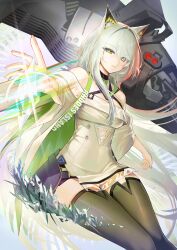  1girl absurdres animal_ear_fluff animal_ears arknights bare_shoulders black_thighhighs closed_mouth commentary_request dress eyes_visible_through_hair green_dress green_eyes green_hair grey_dress highres kal'tsit_(arknights) kal'tsit_esperanta_(arknights) long_hair looking_at_viewer multicolored_dress off-shoulder_dress off_shoulder sanzuitaroh simple_background thigh-highs thighs two-tone_dress white_background wide_sleeves 