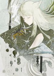  1girl animal_ears arknights arknights:_endfield bare_shoulders bird_ears black_gloves closed_eyes closed_mouth gloves highres jacket long_hair off_shoulder perlica_(arknights) solo star_(symbol) titigerheart white_hair white_jacket 