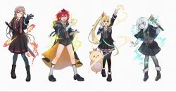  4girls :d acrylic_stand_(medium) alternate_costume ange_katrina aqua_eyes arm_up ars_almal belt belt_pouch black_belt black_boots black_capelet black_coat black_gloves black_jacket black_shoes black_shorts black_skirt black_thighhighs blonde_hair blue_eyes blue_pantyhose blush book boots brown_hair capelet coat collared_shirt comiket_108 commentary_request creature frilled_sleeves frills fur-trimmed_boots fur_trim furen_e_lustario gloves green_capelet green_ribbon grey_hair grey_pantyhose grin hair_between_eyes hair_intakes hair_ornament hairclip hako9_no67a hand_up heterochromia high_heel_boots high_heels highres holding holding_book holding_sword holding_wand holding_weapon hoshikawa_sara index_finger_raised jacket jewelry lapels legwear_garter long_hair long_sleeves looking_at_viewer magic medium_hair medium_skirt miniskirt multiple_girls neck_ribbon necktie nijisanji notched_lapels one_eye_closed open_book open_clothes open_coat open_jacket open_mouth orange_coat orange_eyes orange_ribbon pantyhose pleated_skirt ponytail pouch purple_vest red_hair red_necktie ribbon ring school_uniform shirt shoes shorts simple_background skirt sleeve_cuffs smile socks standing sword thigh-highs two-sided_capelet two-sided_coat two-sided_fabric very_long_hair vest violet_eyes virtual_youtuber wand waving weapon white_background white_ribbon white_shirt white_socks x_hair_ornament zettai_ryouiki 