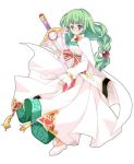  bow braid brooch cape dress glasses green_hair hair_ornament hairpin jewelry katachi_yumiyuri long_hair lowres philia_felice ponytail purple_eyes ribbon shoes solo sword tales_of_(series) tales_of_destiny violet_eyes weapon white_background white_dress 