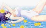  breasts cleavage copyright_request flower highres lying one-piece_swimsuit solo suzuhira_hiro swimsuit water wet 