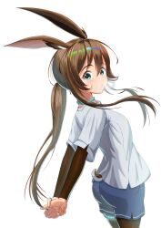  1girl absurdres amiya_(arknights) animal_ears arknights ass blue_collar blue_eyes blue_shorts breath brown_hair brown_pantyhose collar commentary cowboy_shot hair_between_eyes highres jewelry katou_suzume layered_sleeves light_blush long_hair long_sidelocks long_sleeves looking_at_viewer multiple_rings own_hands_together pantyhose ring shirt short_over_long_sleeves short_sleeves short_tail shorts sidelocks simple_background solo standing stretching sweat t-shirt tail thighlet turning_head white_background white_shirt 