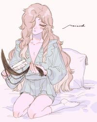  173_mkt 2boys ankle_socks bed_sheet black_hair blonde_hair blush brushing_another's_hair brushing_hair character_name closed_eyes collarbone commentary_request curly_hair curtained_hair fingernails frilled_shirt frills full_body grey_shorts hair_brush hair_over_one_eye highres holding_another's_hair jack_barbarosa_bancoran knee_blush kneeling knees long_bangs long_hair long_sleeves male_focus maraich_juschenfe multiple_boys patalliro! pillow plunging_neckline puffy_long_sleeves puffy_sleeves shirt short_shorts shorts smile socks solo_focus trap v-neck wavy_hair white_socks 