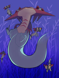  blue_background claws commentary_request dragapult dreepy evolutionary_line field floating full_body hama_sou no_humans open_mouth pokemon pokemon_(creature) 