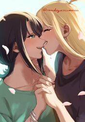  2girls absurdres ahoge black_shirt blonde_hair bracelet cho_kaguya-hime! commentary_request crying crying_with_eyes_open falling_petals green_eyes green_shirt highres imudegozaimasu interlocked_fingers jewelry kaguya_(cho_kaguya-hime!) long_hair multiple_girls petals ring sakayori_iroha shirt sidelocks simple_background tears upper_body wedding_ring white_background wife_and_wife yuri 