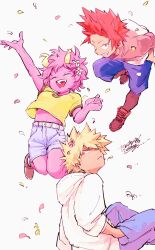 1girl 2boys absurdres arm_up ashido_mina bakugou_katsuki blonde_hair blue_shorts boku_no_hero_academia breasts closed_eyes colored_skin commentary flower grin hair_flower hair_ornament hand_in_pocket highres hood hood_down hoodie horns ikapnmn2 jumping kirishima_eijiro looking_at_viewer midriff_peek multiple_boys open_mouth pants petals pink_hair pink_skin protected_link red_eyes red_hair shoes short_hair short_sleeves shorts simple_background sitting smile spiky_hair white_background white_hoodie yellow-shirt 