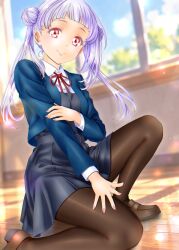  1girl absurdres arashi_chisato blue_jacket brown_pantyhose brown_shoes collared_shirt commentary double_bun dress grey_dress hair_bun hand_on_own_arm highres indoors jacket loafers looking_at_viewer love_live! love_live!_superstar!! minami_(vivace_re_373) pantyhose pinafore_dress pink_nails red_ribbon ribbon school_uniform shirt shoes sleeveless sleeveless_dress solo white_hair white_shirt yuigaoka_school_uniform 