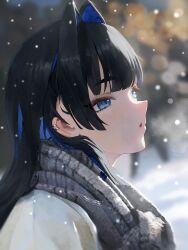  1girl :o aoteka black_hair blue_eyes blue_hair blurry blurry_background colored_inner_hair earclip from_side grey_scarf hair_intakes highres hololive hololive_english jacket long_hair looking_up multicolored_hair open_mouth ouro_kronii outdoors parted_lips plaid_clothes plaid_scarf portrait scarf snow snowing solo virtual_youtuber white_jacket winter 