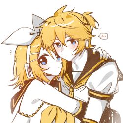  1boy 1girl antenna_hair black_sailor_collar blonde_hair blue_eyes blueberry_hedy blush bow commentary detached_sleeves double-parted_bangs frown hair_between_eyes hair_bow hair_ornament hairclip headphones high_ponytail highres hug kagamine_len kagamine_rin looking_at_viewer neckerchief necktie parallel_hairclips parted_bangs ponytail sailor_collar shirt short_hair short_sleeves sidelocks simple_background sleeveless sleeveless_shirt spoken_blush sweat untranslatable_commentary vocaloid white_background white_bow white_shirt yellow_neckerchief yellow_necktie 