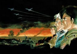  1girl 2boys absurdres aircraft airplane black_hair blonde_hair fighter_jet hat highres insignia military_hat military_rank_insignia military_uniform military_vehicle motor_vehicle multiple_boys non-web_source official_art scan self-scan signature smoke tank venus_senki yasuhiko_yoshikazu 