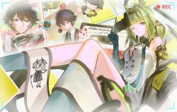  1boy 1girl absurdres animal_ears antenna_hair ardashir_(arknights) arknights arknights:_endfield arts_(90620075) bare_legs bare_shoulders bead_bracelet beads black_coat black_hair black_horns blue_eyes blue_hands blush bracelet breasts cassette_tape cat_ears center_opening coat colored_extremities commentary detached_sleeves dragon_bean_(arknights) dragon_girl dragon_horns dragon_tail dress eastern_dragon_horns eastern_dragon_tail endministrator_(arknights) fake_animal_ears feet_out_of_frame flower flower_in_mouth green_hair hair_bun highres holding holding_mask horns jewelry long_hair looking_at_viewer male_endministrator_(arknights) mask multicolored_hair multicolored_horns nian_(arknights) pointy_ears recording shirt short_dress short_hair si_(arknights) sidelocks sleeveless sleeveless_dress small_breasts smile streaked_hair suit tail white_dress white_shirt yellow_horns 